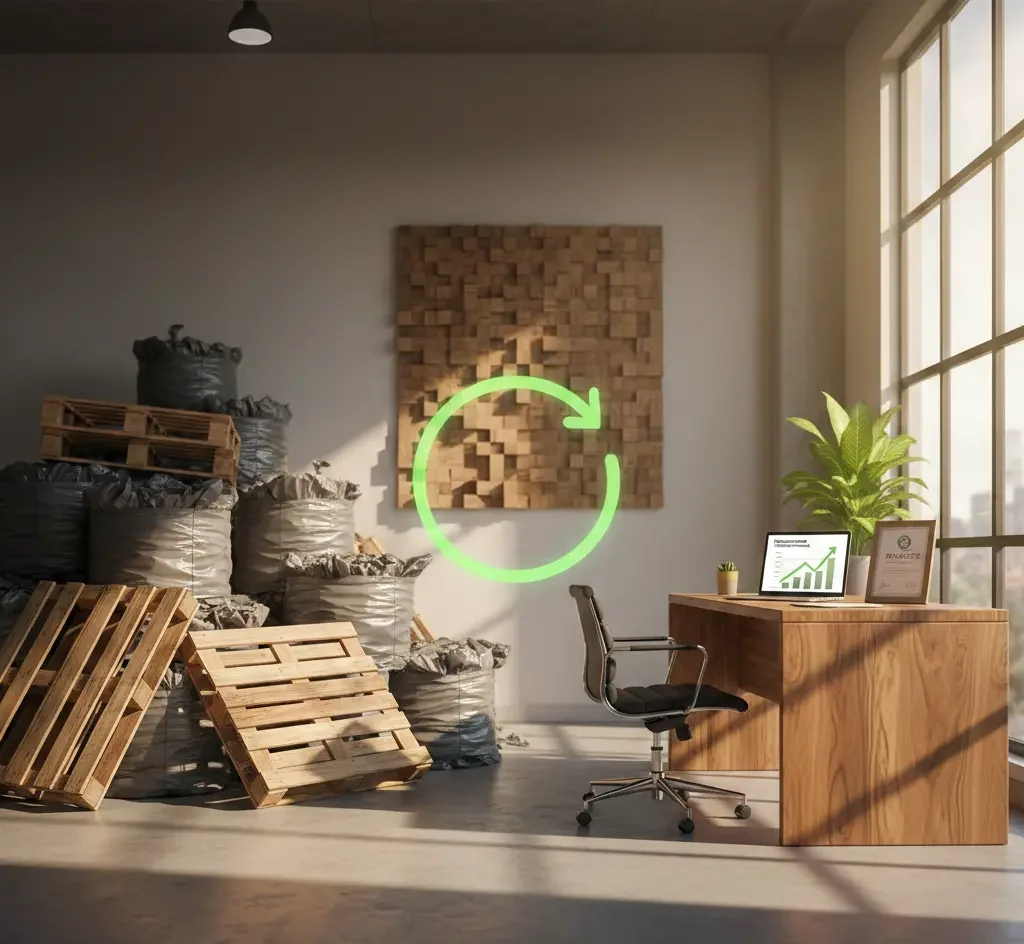 Composición visual que conecta residuos industriales de madera con mobiliario sostenible y gráficas de rentabilidad, destacando el valor del reciclaje profesional.